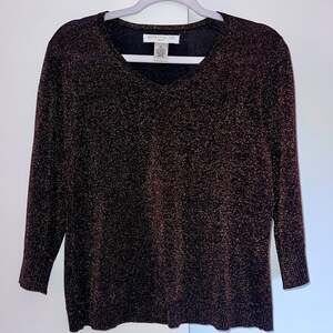 Pursuits Ltd. Silk V-Neck Bronze Metallic Mesh Top w/ 3/4 Sleeves